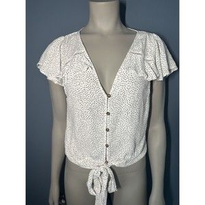 Express Women's Top - White & Black Dot - Small - Crop - Button - Up - Tie Waist